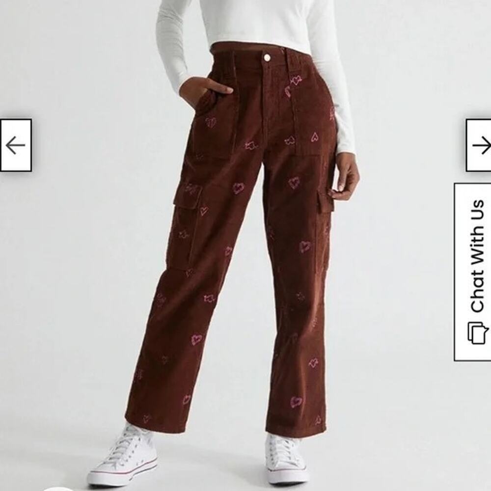 Pacsun Pants brown corduroy cargo small‎ pink heart embroidery
